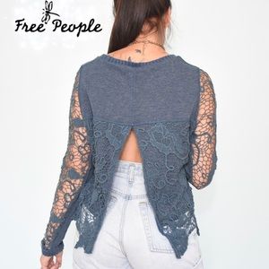 Free People Navy Lace Split Back Sweater